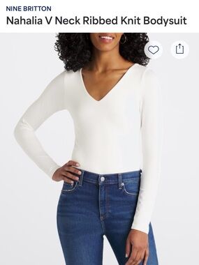 nine britton V-Neck Ribbed Long-Sleeve Bodysuit - White